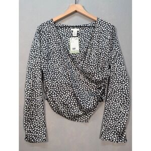 HM Womens Long Sleeve Ditsy Floral Wrap Top Black White V-Neck Blouse Large NEW